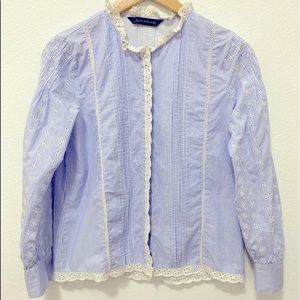 ZARA Striped Floral Embroidered Blouse with Shell Buttons.
